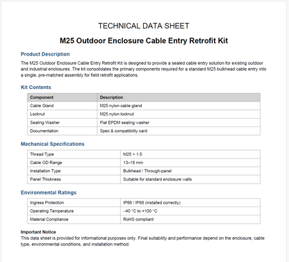 M25 Outdoor Enclosure Cable Entry Retrofit Kit